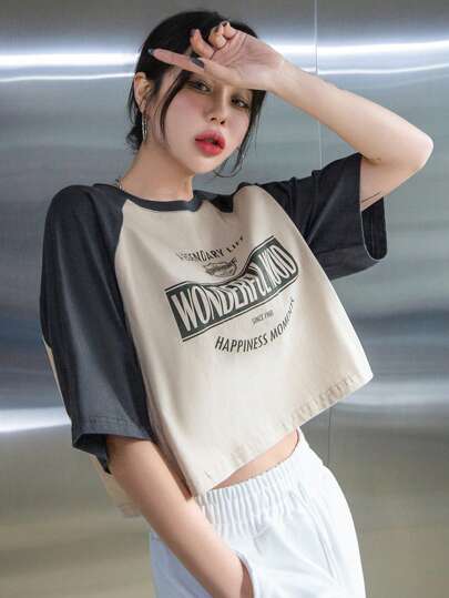 DAZY Letter Graphic Contrast Raglan Sleeve Crop Tee Summer Preppy Tops