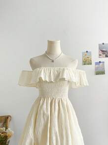 Soleia 女士度假海滩针织纹理露肩泡泡袖连衣裙，夏装，夏装，女士演唱会服装，女士沙滩裙，波西米亚风，女士早午餐服装，露肩，高腰，女士演唱会服装。女士毕业礼服，狂欢服装。圣帕特里克节服装