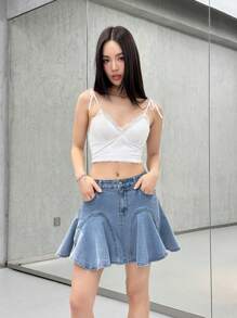 SHEIN EZwear 女士休闲牛仔迷你裙，夏季时尚 - 中等水洗藍 - 查看 6