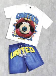 ROMWE MEN Street Life 2pcs/Set Men's Hip Hop Round Neck Short Sleeve Printed Minimalist T-Shirt And Shorts Set - White - View 1