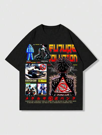 Street Life Men's Anime Round Neck Short Sleeve Printed Casual Top, Everyday Wear