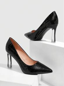 CUCCOO SZL Women's Black Crocodile Pattern Pointed Toe Crystal Clear Stiletto Heels, Sexy Elegant Office Lady Pointed Toe Low Vamp High Heels - Black - View 6