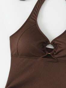 SHEIN Swim 女式常规 2 件套简约纯色休闲比基尼套装，适合夏季 - 咖啡棕 - 查看 7
