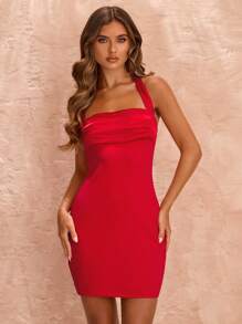 SHEIN BAE Spring/Summer Solid Crimson Pleated Satin Bodycon Halter Mini Dress, Red Dress, Date Dress, Wedding Guest Bridesmaid Dress,Summer Dresses For Women - Red - View 3