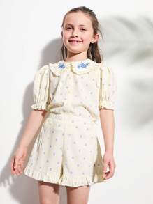 SHEIN Leap Crew Young Girls Cute Floral Embroidered Collar Ruffle Trim Shirt And Ruffle Hem Shorts Set - Multicolor - View 1