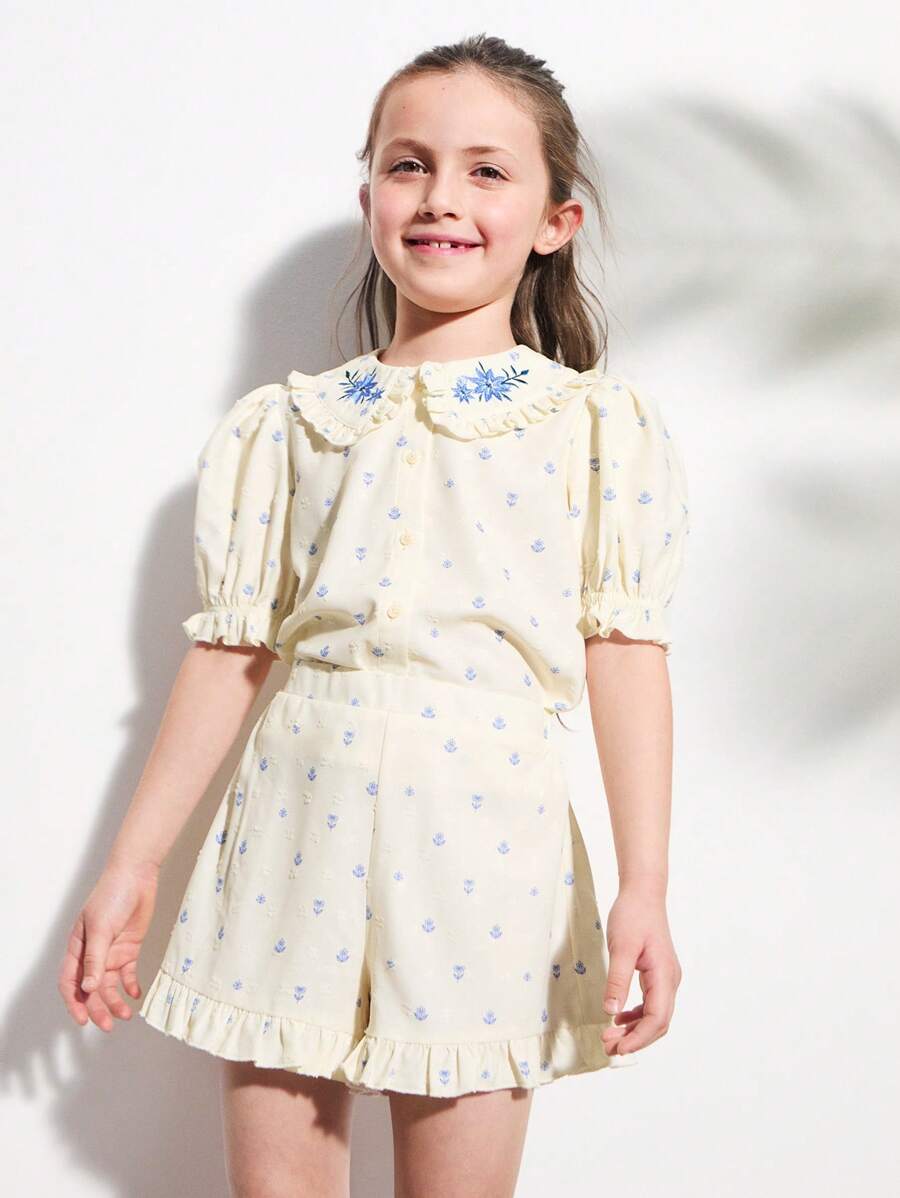 SHEIN Leap Crew Young Girls Cute Floral Embroidered Collar Ruffle Trim Shirt And Ruffle Hem Shorts Set - Multicolor - View 1