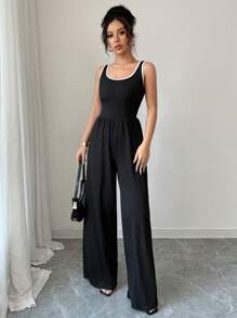 Chiquease Mono de punto negro casual con panel ancho sin mangas y acabado de puntada para mujer