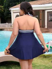 SHEIN Swim Curve Plus Size 2pcs Set Striped Random Print Ruffle Maxi Skirt Halter Top Design With Bottoms, Casual Vacation Beach Swimsuit - Blue and White - View 2