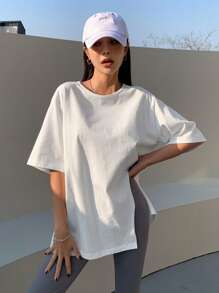 DAZY Solid Split Hem Patched Drop Shoulder Tee - White - View 6