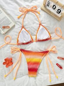 SHEIN Swim 2pcs Summer Women Swimwear Set, Textured Fabric Shoulder Strap Top And Side Tie Bottoms Beach Bikini - Multicolor - View 4