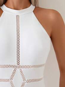 SHEIN Swim Elegant Solid Color Hollow Halter One-Piece Swimsuit For Summer Beach Vacation - White - View 4
