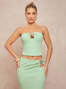 Lumalex Light Green Summer Seksi Chic Vacation Women Elegant Solid Bandeau Top And Extra Long Skirt 2pcs/Set,Bohemian BOHO Beach Outfits For Wedding Banquet - Green - View 3