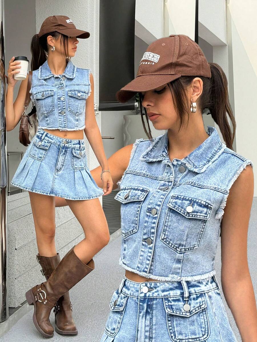 SHEIN EZwear 女士单扣磨边休闲牛仔背心 - 藍色 - 查看 1