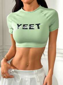 Easithlete Summer Fashionable Letter Print Slim Fit Cropped T-Shirt - Green - View 4