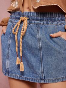 WESTFADE High Rise Elasticized Drawstring Waist Loose Fit Western Cowgirl Denim Skort Spring Break Casual Beach Vacation - Medium Wash - View 5