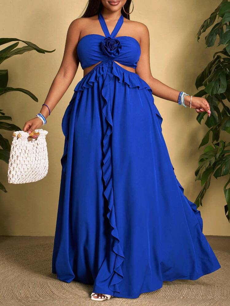 Veslaya Novo Vestido Longo Maxi Plus Size Feminino com Decote Halter, Babados na Cintura, Recortes e Costas Abertas, Estampa Floral 3D, Ideal para Praia e Viagens - Azul - Visão 7
