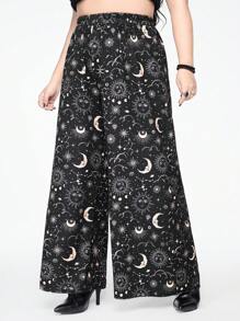 ROMWE Goth Plus Size Loose Mystic Star & Moon Printed Wide Leg Pants - Black - View 4