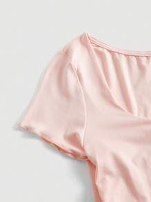 SHEIN MOD 女士针织拼布蕾丝不对称下摆可折叠领口蕾丝花边系带领收腰 T 恤 - 淺粉色 - 查看 3