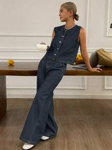 Livesso 女式夏季无袖开襟牛仔背心和牛仔裤两件套休闲装 - 中等水洗藍 - 查看 5