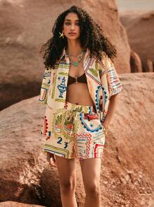 Poéselle Set de 2 piezas - Camisa y shorts casuales para vacaciones, ropa occidental para mujer