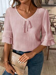 SHEIN LUNE Ruffles V-Neck Casual Linen Blouse For Women - Coral Pink - View 5