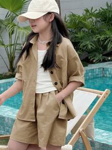 Dazy Kids Tween Girl Fall Outfit, Denim Collared Short Sleeve Shirt + Denim Shorts Set - Apricot - View 4