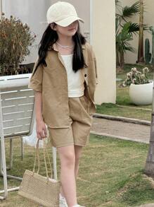 Dazy Kids Tween Girl Fall Outfit, Denim Collared Short Sleeve Shirt + Denim Shorts Set - Apricot - View 7