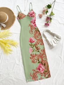 Soleia New Elastic Mesh Print Adjustable Spaghetti Strap Backless Dress, Elegant Resort Style,Spring Break, Saint Patrick,Easter Dress Women,Concert Outfit Women,Elegant,Vacation,Business Casual Woman ,Western,Cute,Boho,Country ,Modest,Streetwear,Tropical,Gyaru, Floral,Backless - Multicolor - View 1