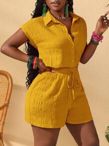 Slaydiva New Casual Vacation Loose Textured Fabric Button Front Blouse And Knotted Shorts Suit For Women, Summer,Summer Sets - Yellow - View 7