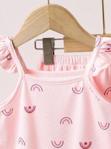 Bộ 4 món đồ đáng yêu cho bé gái mùa hè, áo liền quần không tay nhún bèo, áo liền quần in hình trái tim và cầu vồng, quần short nhún bèo, bộ đồ mặc ngoài trời hoàn hảo - Nhiều màu - Xem 6