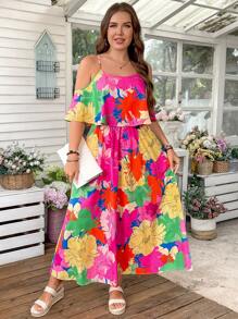 SHEIN LUNE Vestido holgado de talla grande con estampado floral vibrante, atuendos de primavera románticos, atuendos de verano para mujeres, atuendos para brunch, atuendos para el Día de la Madre, atuendos para la iglesia para mujeres - Multicolor - Ver 3