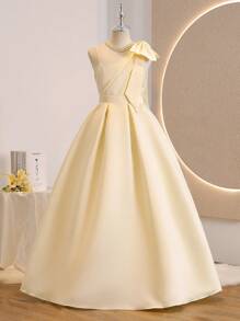 花童长款缎面连衣裙，带蝴蝶结肩带，高档选美舞会婚礼生日派对礼服 - 香檳色 - 查看 7