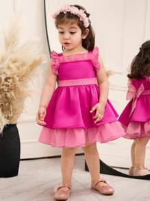 SHEIN Cute Baby Girl Summer Pink Ruffle Trim Dress - Hot Pink - View 5