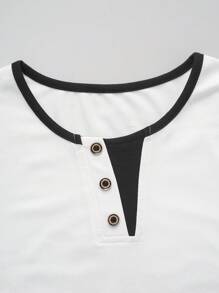 SHEIN Unity Blusa casual da donna con scollo a V, decorata con bottoni, a blocchi di colore, manica lunga, vestibilità slim