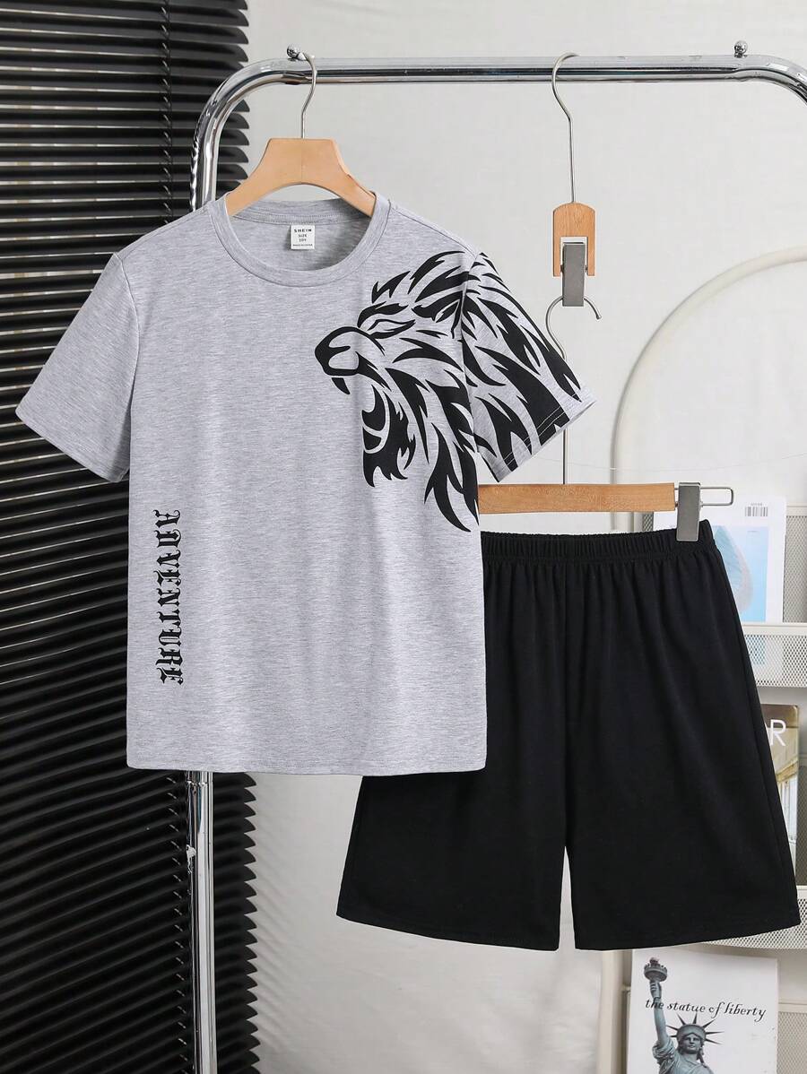 SHEIN Tween Boy Loose Casual Lion Graphic T-Shirt & Shorts 2 Pieces Knit Loungewear Set, Summer - Grey - View 1
