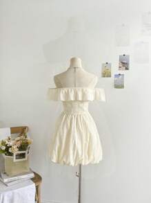 Soleia 女士度假海滩针织纹理露肩泡泡袖连衣裙，夏装，夏装，女士演唱会服装，女士沙滩裙，波西米亚风，女士早午餐服装，露肩，高腰，女士演唱会服装。女士毕业礼服，狂欢服装。圣帕特里克节服装