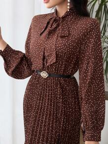 Modelyn Abito lungo con maniche lunghe e plissettato, con stampa all-over, collo a cravatta, vestito maxi da donna per occasioni serali