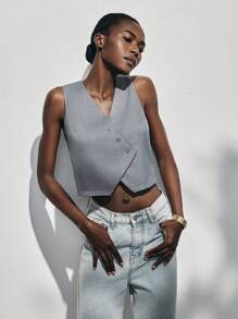 Lumivelle Women's Spring/Summer V-Neck Diagonal Front Button Vest Design Grey Thin Suit Jacket