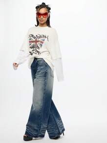 SUMWON WOMEN Pantalones vaqueros holgados de pierna ancha, lavado vintage, de cintura alta, de ajuste relajado, estilo Y2K, ropa de calle, pantalones vaqueros casuales de moda de otoño e invierno