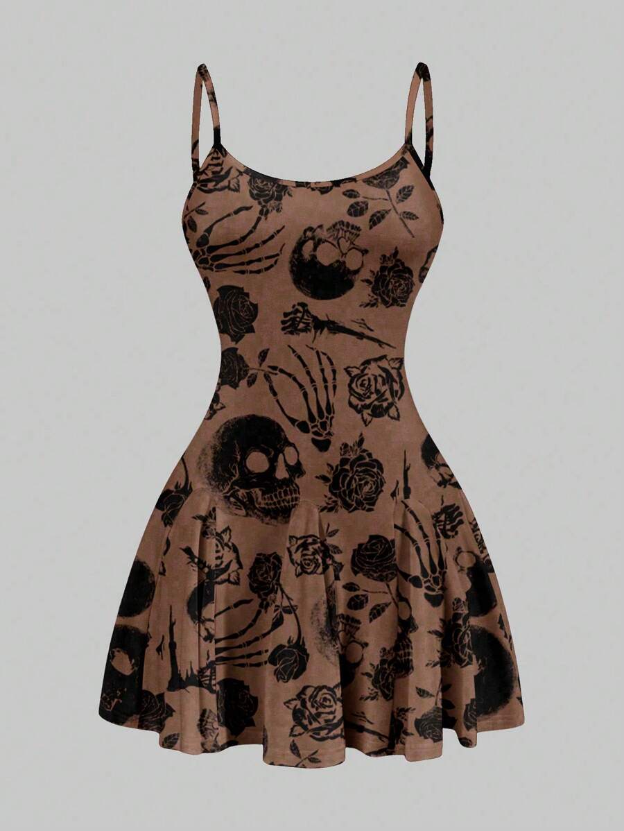 SHEIN SXY Casual Skull & Rose Pattern A-Line Mini Dress For Women, Summer,Rave Outfits Festival Suitable For Going Out Chic Dress