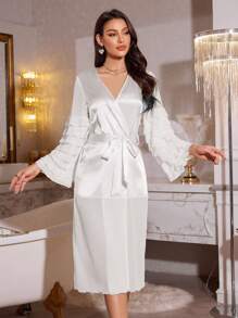 LuxeNights Women's Romantic Satin Ruffle Edge Sleepwear Robe - White - View 3