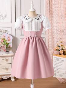 Tween Girls Embroidered Elegant Mock Layered Dress - Pink - View 1