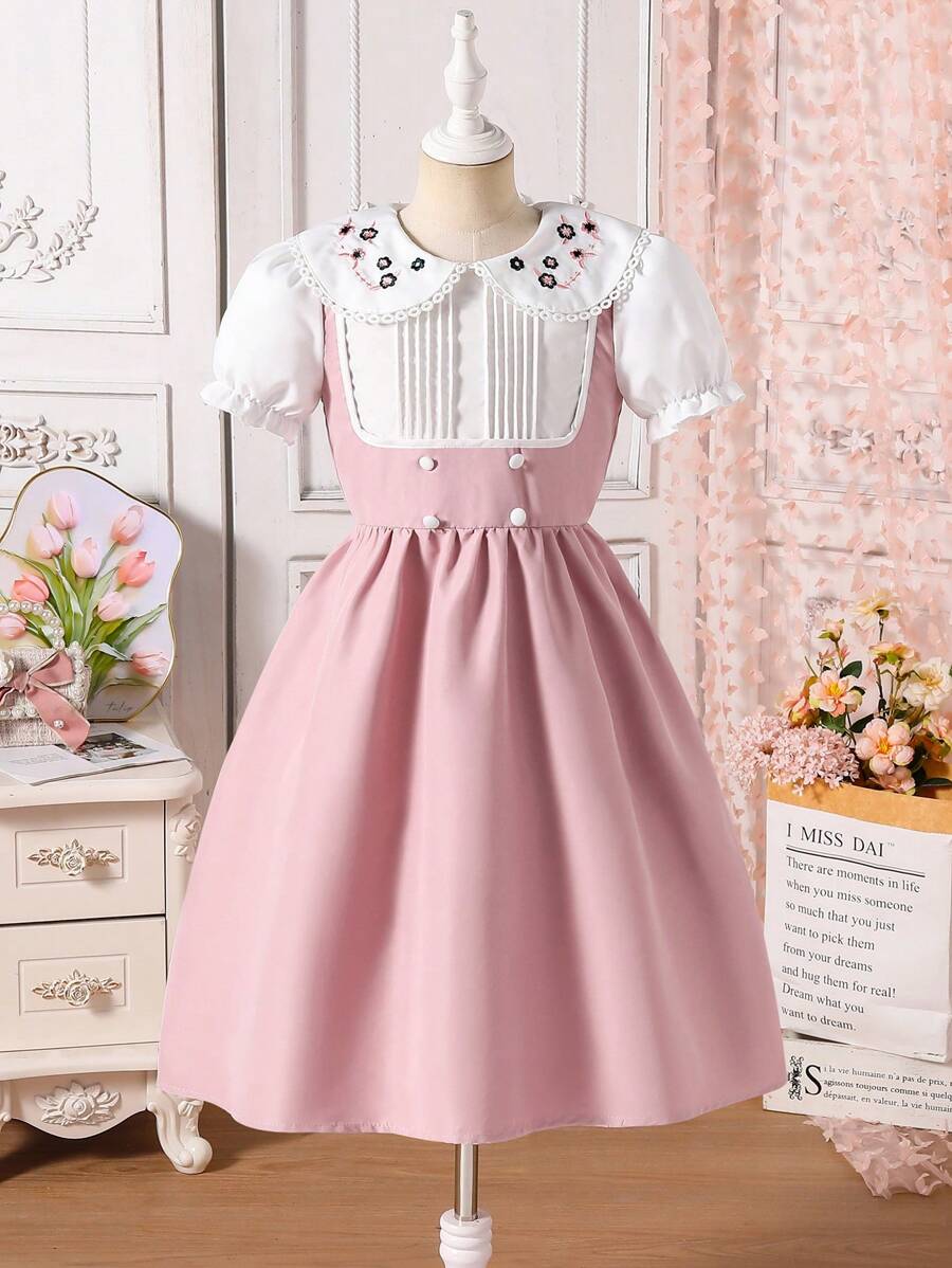 Tween Girls Embroidered Elegant Mock Layered Dress - Pink - View 1