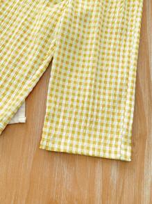 SHEIN LMoss Kids Bộ đồ yếm kẻ sọc dễ thương cho bé gái và quần cạp chun, mùa hè - Màu vàng - Xem 7