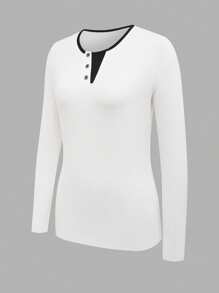 SHEIN Unity Blusa casual da donna con scollo a V, decorata con bottoni, a blocchi di colore, manica lunga, vestibilità slim