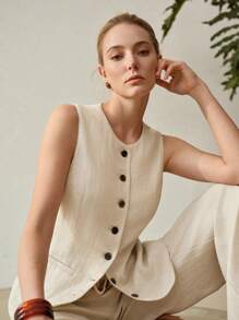 SHEIN x PRISCILA & JIMENA MOTF PREMIUM LINEN SINGLE BREASTED WAISTCOAT