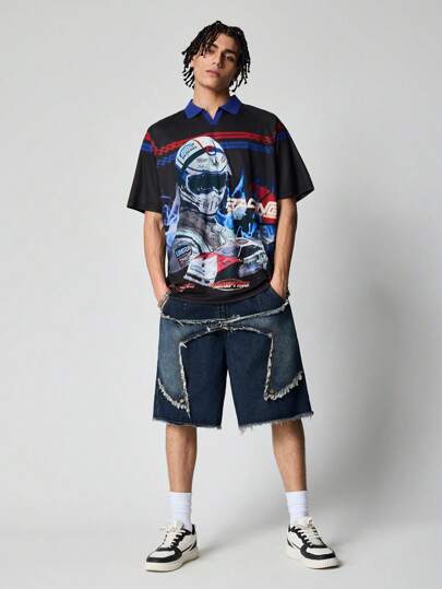 Street Life Men's Racing Letter & Car Graphic Short Sleeve Polo Shirt