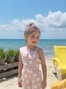 New Fashionable Girls One-Piece Party Outfit, Toddler Young Girl Ruffled Asymmetrical Neck Wide Leg Jumpsuit, Thin High Waist Snug Fit Sleeveless Romper