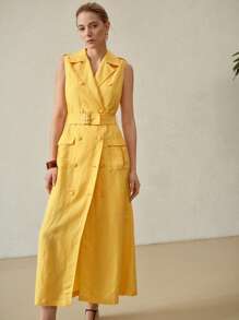 MOTF PREMIUM LINEN BELTED DOUBLE BREASTED DRESS