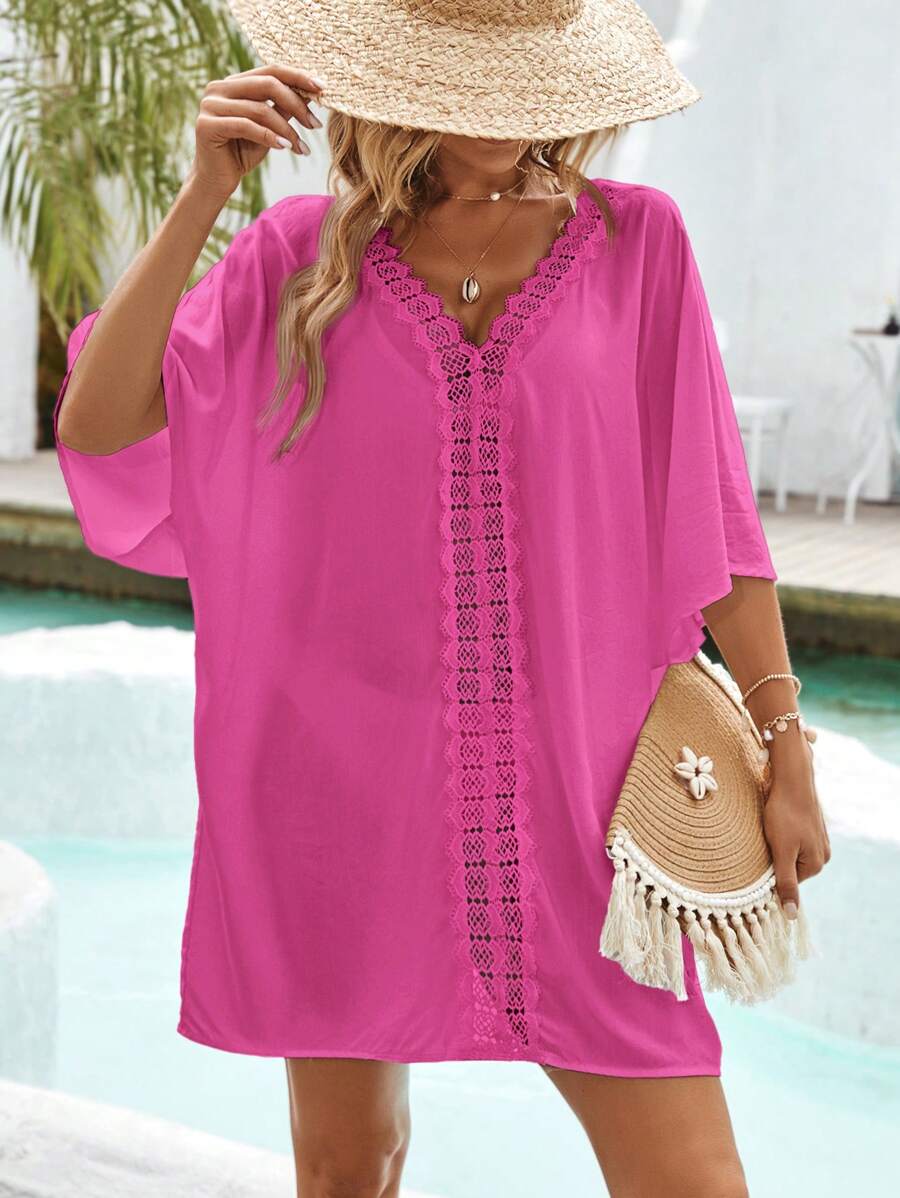 SHEIN VCAY Women's Solid Color Casual Cover Up, Suitable For Summer - Hot Pink - View 1